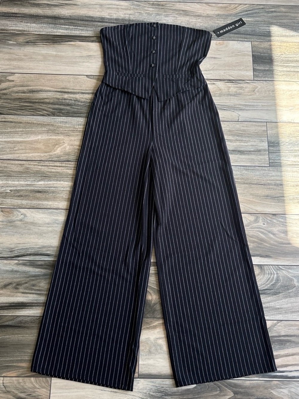 Madden Girl Black Strapless Pinstripe Wide-Leg Jumpsuit